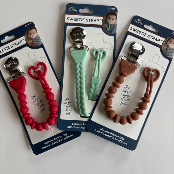 Itzy Ritzy Sweetie Strap Bundle 3 Piece Neutral Red Mint Brown Paci Strap NEW - Picture 1 of 2
